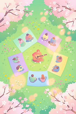 JPG 공원 꽃 행복 음악 일러스트 노래 자연 휴식 대화 잔디 여러명 취미 일상 친구 소풍 봄 모임 기타 동료 즐거움 벚꽃축제 국내일러스트 AI일러스트 AI콘텐츠 식물 계절 공공시설 감정 다수 컨셉 관계 현악기 문화예술 말하기 사람 라이프 야외활동 축제 벚꽃 생태계 꽃축제 파일형식