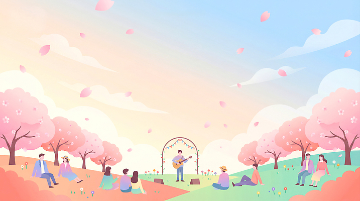 JPG 나무 꽃 행복 문화 예술 음악 일러스트 자연 풍경 이벤트 여러명 야외 소풍 봄 공연 감상 모임 공연장 즐거움 벚꽃축제 지역사회 국내일러스트 AI일러스트 AI콘텐츠 식물 계절 감정 다수 문화예술 사람 야외활동 축제 벚꽃 극장 생태계 꽃축제 파일형식