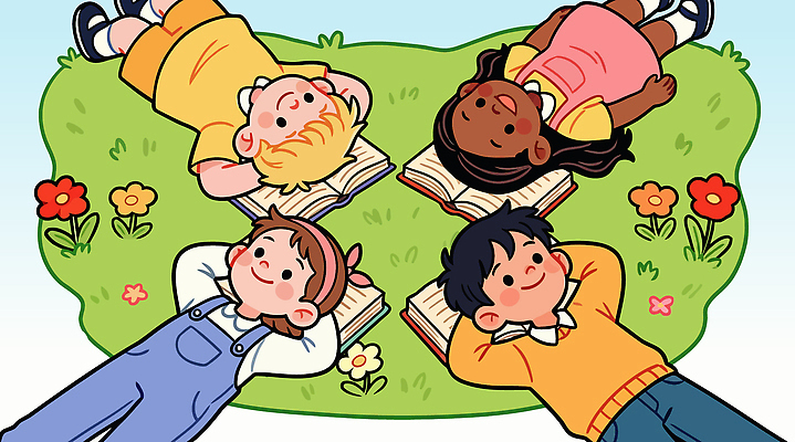 꽃 어린이 일러스트 자연 놀이 하늘 초원 취미 책 여름 친구 학습 독서 태양 소풍 꿈 그룹 놀이기구 즐거움 국내일러스트 AI파일 자연요소 식물 계절 교육 감정 관계 사람 야외활동 생태계 파일형식 벡터