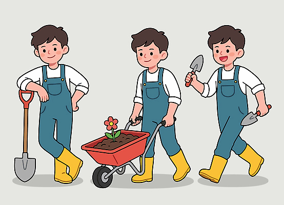 식물 손 꽃 일러스트 모션 날씨 씨앗 웃음 들기 소년 정원 흙 도구 작업 밀기 삽 원예 장면 국내일러스트 AI파일 남자 어린이 표정 취미 신체부위 파일형식 벡터