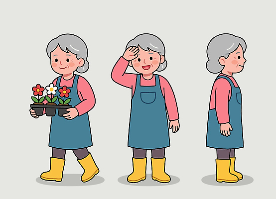 식물 캐릭터 여자 노년 꽃 화분 할머니 일러스트 장신구 자연 실내 작업복 장화 웃음 취미 일상 정원 농사 인사 원예 국내일러스트 AI파일 옷 신발 농업 표정 사람 성인 내부 라이프 예절 생태계 파일형식 벡터