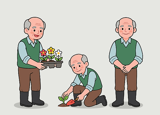 식물 손 노년 남자 꽃 화초 꽃밭 일러스트 자연 취미 생활 환경 정원 농사 작업 원예 심기 국내일러스트 AI파일 농업 모션 사람 성인 신체부위 생태계 파일형식 벡터