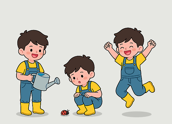 식물 어린이 나비 곤충 일러스트 모션 야외 물 여름 정원 농사 탐험 관찰 즐거움 호기심 원예 놀기 물뿌리기 국내일러스트 AI파일 자연요소 동물 계절 감정 컨셉 농업 사람 취미 파일형식 벡터