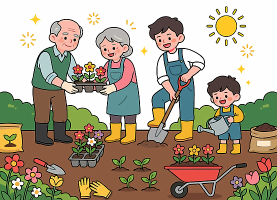 나무 여자 할아버지 남자 꽃 화분 할머니 어린이 일러스트 가족 모션 자연 햇빛 정원 흙 도구 삽 물주기 원예 심기 국내일러스트 AI파일 식물 노년 관계 사람 취미 태양 생태계 파일형식 벡터