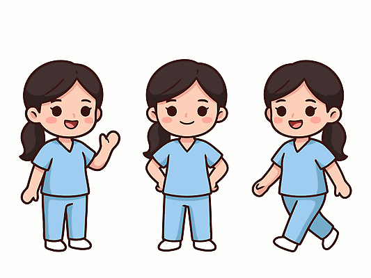 직업 캐릭터 옷 포즈 일러스트 의학 청진기 모션 친절 건강 대화 간호사 의사 표현 서비스 소통 도우미 손흔들기 국내일러스트 AI파일 컨셉 의료기기 말하기 의료진 파일형식 벡터
