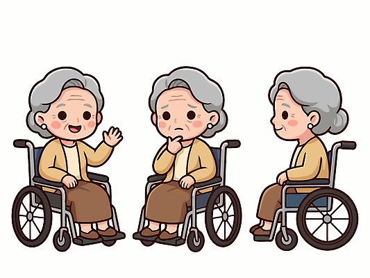 캐릭터 여자 노년 감정 포즈 이동 생각 일러스트 표정 이야기 웃음 사람 일상 생활 표현 실버 추억 휠체어 그림 장면 도우미 돌봄 국내일러스트 AI파일 컨셉 모션 성인 라이프 파일형식 벡터