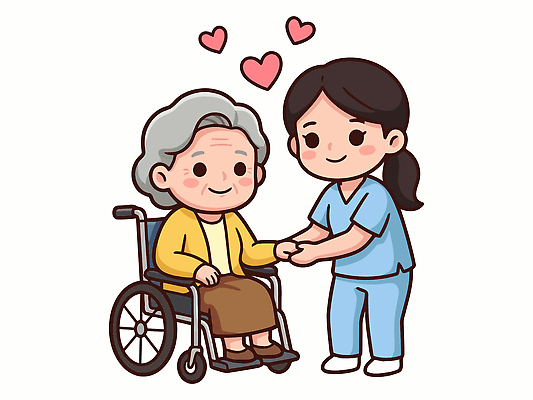 손 할머니 어린이 일러스트 가족 관계 건강 사랑 웃음 생활 치료 환자 간호사 도움 실버 간호 휠체어 요양 도우미 돌봄 보살핌 의사소통 지원 국내일러스트 AI파일 여자 노년 감정 컨셉 의학 모션 표정 사람 신체부위 의료진 파일형식 벡터