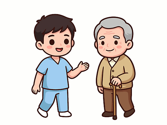 직업 노년 일러스트 의학 관계 지팡이 건강 병원 대화 라이프 치료 환자 의사 도움 상담 방문 도우미 부양 지원 지역사회 국내일러스트 AI파일 컨셉 말하기 성인 생활 의료진 파일형식 벡터