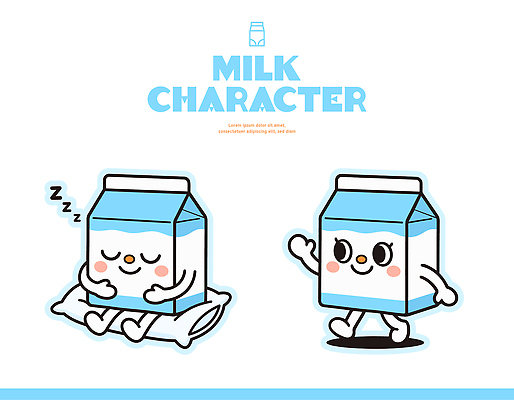 캐릭터 디자인 일러스트 모션 표정 걷기 귀여움 이불 우유 잠 편안함 즐거움 상상력 손흔들기 액션 일러캐릭터 AI파일 감정 컨셉 침구 유제품 감각 파일형식 벡터
