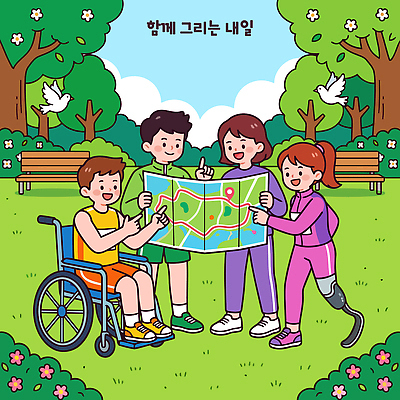나무 공원 꽃 지도 일러스트 모션 자연 협력 웃음 여러명 여름 친구 운동 모임 만남 그룹 즐거움 휠체어 길찾기 소통 보조기구 국내일러스트 AI파일 식물 계절 공공시설 감정 다수 컨셉 관계 표정 건강 사람 기구 생태계 파일형식 벡터