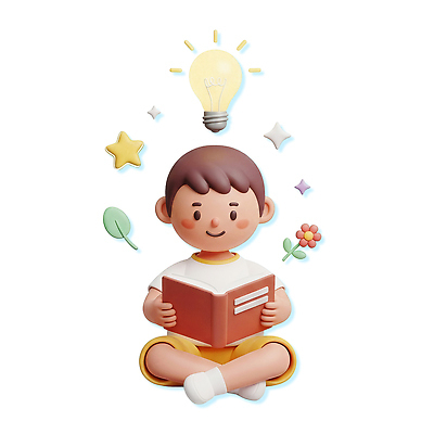 PSD 편집이미지 교육 꽃 별 어린이 잎 전구 모션 아이디어 앉기 책 집중 읽기 즐거움 상상력 창의성 편집3D 자연요소 식물 감정 컨셉 사람 3D 파일형식