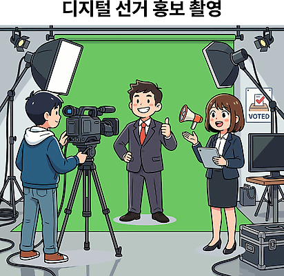 여자 남자 일러스트 스튜디오 조명 태블릿 카메라 디지털 촬영 기계 메시지 선거 사회자 알림 브이 비디오 소통 의사소통 프로듀서 유권자 지방선거 국내일러스트 AI파일 직업 컨셉 사람 손짓 전자제품 스마트기기 민주주의 파일형식 벡터