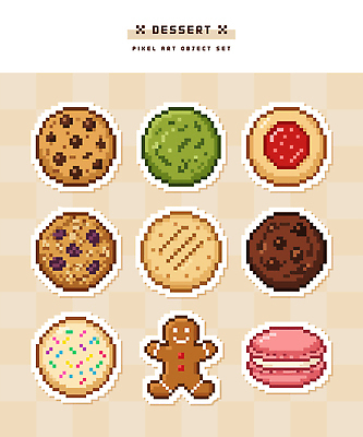 모양 음식 컬러 일러스트 디저트 따뜻함 종류 쿠키 사각형 원형 달콤 잼 설탕 크림 버터 생강 초코칩 픽셀 구움과자 국내일러스트 AI파일 도형 채소 초콜릿 소스_음식 맛 파일형식 벡터