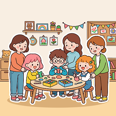 어린이 일러스트 가족 모션 놀이 탁자 수업 색연필 미술 장식 교사 유치원 방 색칠 어린이날 즐거움 그림 만들기 점토 창의성 국내일러스트 AI파일 직업 교육 기념일 감정 가구 관계 문화예술 학용품 사람 파일형식 벡터