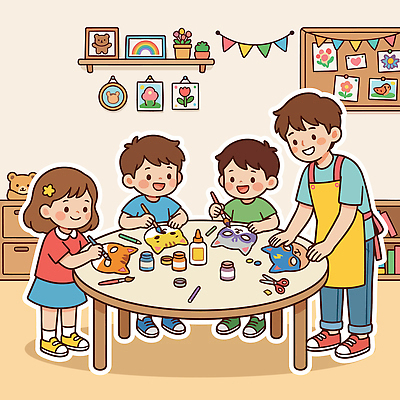 어린이 예술 일러스트 모션 놀이 탁자 실내 미술 장식 여름 친구 방 도구 작업 색칠 어린이날 공예 즐거움 그림 작품 만들기 창작 국내일러스트 AI파일 계절 기념일 감정 가구 관계 문화예술 사람 취미 내부 파일형식 벡터
