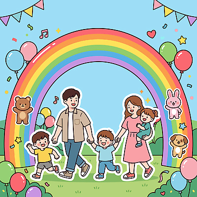 행복 어린이 무지개 일러스트 가족 모션 자연 놀이 사랑 웃음 일상 장식 부모 소풍 걷기 아기 어린이날 즐거움 외출 풍선 국내일러스트 AI파일 자연요소 기념일 감정 관계 표정 사람 라이프 야외활동 생태계 파일형식 벡터