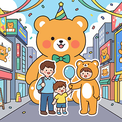 기념일 행복 어린이 일러스트 가족 거리 미소 이벤트 여러명 장식 부모 귀여움 축제 곰인형 축하 놀이터 큼 어린이날 즐거움 풍선 오후 국내일러스트 AI파일 감정 인형 다수 컨셉 관계 놀이 표정 사람 크기 파일형식 벡터