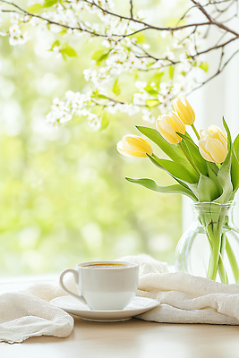 JPG 식물 편집이미지 꽃 커피 음료 자연 탁자 잔 따뜻함 일상 생활 장식 꽃병 봄 튤립 창가 Vase 편집실사 AI컴퓨터그래픽 AI콘텐츠 식기 계절 가구 창문 라이프 CG 생태계 파일형식