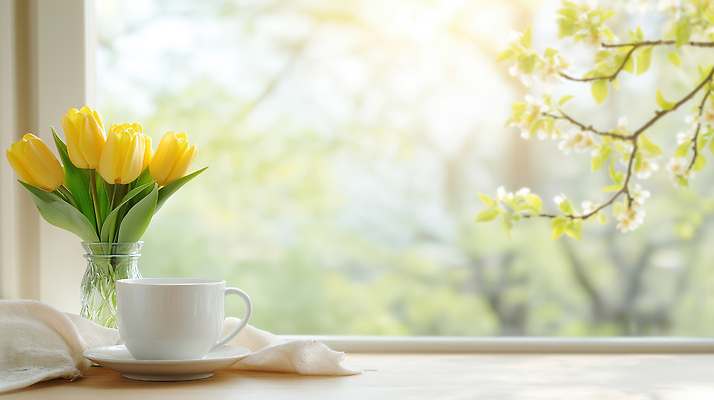 JPG 식물 편집이미지 꽃 여유 커피 자연 탁자 실내 생활 장식 컵 물 햇빛 노란색 꽃병 튤립 창가 편집실사 AI컴퓨터그래픽 AI콘텐츠 자연요소 식기 감정 음료 컬러 가구 창문 내부 태양 CG 생태계 파일형식