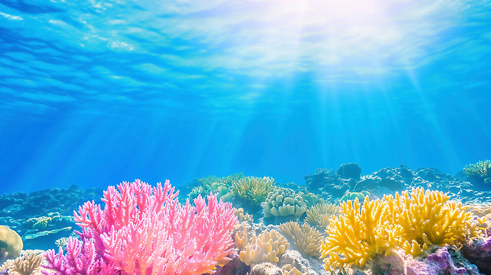 JPG 편집이미지 바다 자연 생명 어류 파란색 햇빛 바닷속 해저 수중 수중동물 산호초 이미지편집 AI컴퓨터그래픽 AI콘텐츠 동물 컬러 태양 수중식물 생태계 파일형식