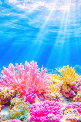 JPG 편집이미지 바다 컬러 자연 조명 물 햇빛 바닷속 수중 수중동물 해양식물 산호 산호초 생태계 이미지편집 AI컴퓨터그래픽 AI콘텐츠 자연요소 동물 태양 수중식물 자포동물 파일형식