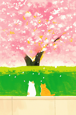 JPG 나무 동물 꽃잎 감정 컬러 일러스트 자연 휴식 풍경 잔디 반려동물 고양이 봄 벚꽃 시골 장면 만개 뷰티풀 국내일러스트 AI일러스트 AI콘텐츠 식물 계절 꽃 컨셉 포유류 생태계 파일형식