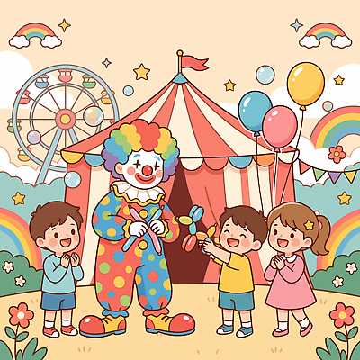 동물 행복 어린이 컬러 무지개 일러스트 가족 놀이 웃음 풍경 이벤트 야외 축제 공연 서커스 어린이날 즐거움 대관람차 풍선 기념사진 국내일러스트 AI파일 자연요소 기념일 감정 관계 표정 사람 놀이기구 파일형식 벡터