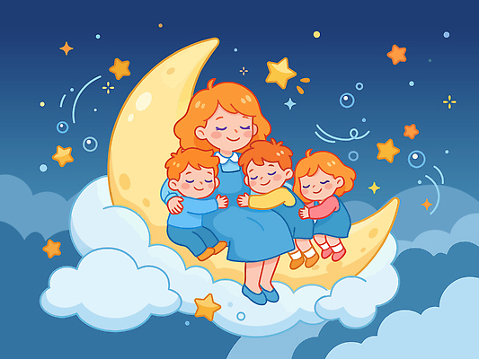 행복 별 어린이 일러스트 가족 안기 상상 하늘 엄마 동화 휴식 공간 꿈 이불 달 편안함 그림 국내일러스트 AI파일 자연요소 감정 컨셉 관계 침구 모션 사람 감각 파일형식 벡터