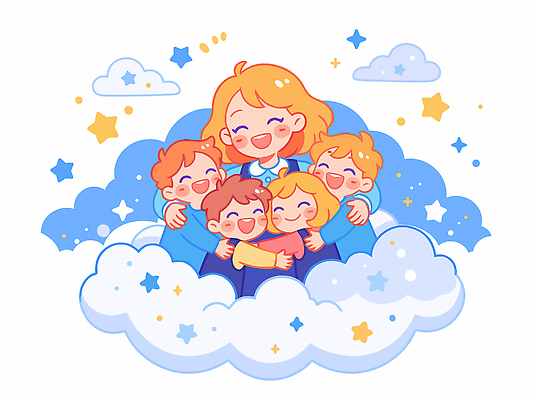 행복 별 어린이 일러스트 가족 포옹 상상 놀이 하늘 엄마 함께함 사랑 웃음 친구 시간 그림 장면 국내일러스트 AI파일 자연요소 감정 컨셉 관계 안기 표정 사람 파일형식 벡터
