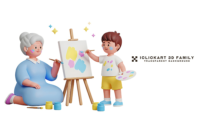 PSD 편집이미지 행복 할머니 예술 가족 모션 손자 웃음 취미 물감 시간 붓 색칠 그림 캔버스 편집3D 여자 노년 남자 감정 관계 표정 3D 미술도구 손주 파일형식