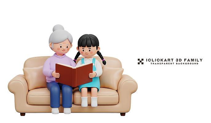 PSD 편집이미지 할머니 어린이 가족 모션 놀이 손녀 함께함 이야기 대화 책 소파 아기 시간 읽기 편집3D 여자 노년 컨셉 의자 관계 말하기 사람 3D 손주 파일형식