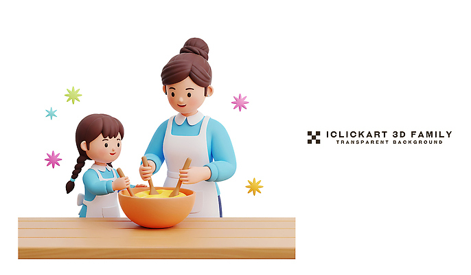 PSD 편집이미지 그릇 손 딸 어린이 재료 가족 모션 엄마 함께함 요리 주방 혼합 반죽 만들기 나란히 편집3D 식기 컨셉 관계 사람 신체부위 3D 파일형식