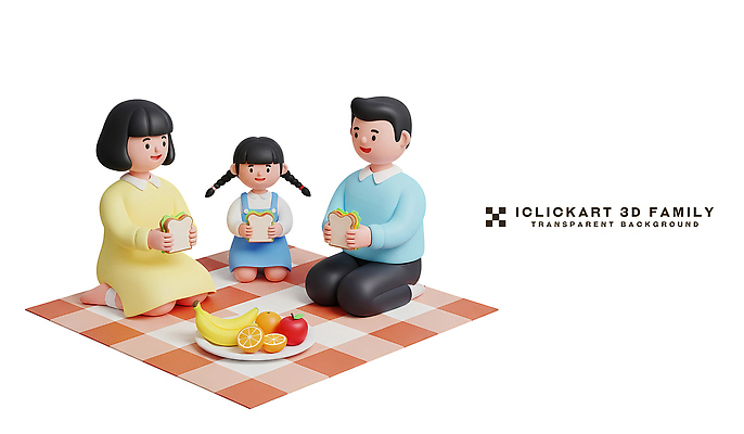 PSD 편집이미지 접시 딸 과일 가족 바닥 함께함 3D캐릭터 앉기 빨간색 부모 노란색 시간 사과 먹기 즐거움 편집3D 캐릭터 식기 감정 컬러 컨셉 관계 모션 3D 파일형식