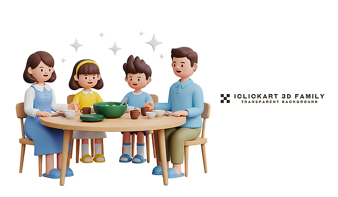 PSD 편집이미지 어린이 음식 가족 모션 탁자 함께함 3D캐릭터 대화 여러명 성인 식사 모임 즐거움 장면 소통 편집3D 캐릭터 감정 가구 다수 컨셉 관계 말하기 사람 3D 파일형식