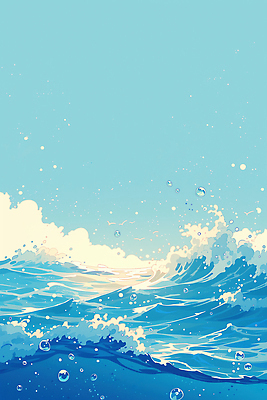 JPG 파도 바다 여행 일러스트 자연 하늘 풍경 해변 여름 파란색 햇빛 맑음 수영 물방울 해산물 웨이브 스파클링 수평선 국내일러스트 AI일러스트 AI콘텐츠 계절 컬러 날씨 태양 수상스포츠 생태계 파일형식