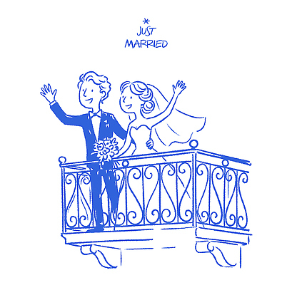 부부 커플 드레스 행복 꽃다발 결혼 일러스트 가족 결혼식 사랑 정장 이벤트 파란색 친구 기쁨 발코니 축하 낙서 신혼 초대 손그림 손흔들기 신랑신부 국내일러스트 AI파일 옷 꽃 감정 신부_웨딩 컬러 신랑 컨셉 관계 모션 파일형식 벡터
