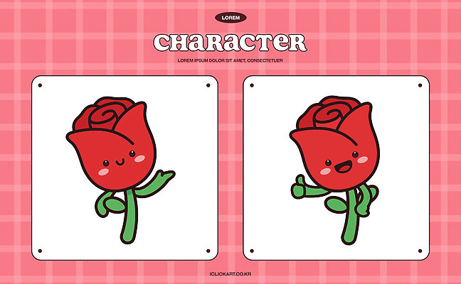 캐릭터 디자인 꽃 상징 분홍색 컬러 일러스트 표정 미소 웃음 그래픽 장미 귀여움 표현 그림 체크무늬 이모티콘 손흔들기 일러캐릭터 AI파일 식물 컨셉 무늬 모션 파일형식 벡터