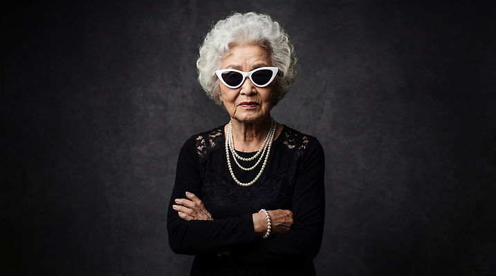 JPG 편집이미지 옷 패션 노년 할머니 포즈 백그라운드 사람 선글라스 팔짱 촬영 백발 멋쟁이 어두운색 특징 의료성형뷰티 스타일 편집실사 AI인물포토 AI콘텐츠 헤어스타일 여자 안경 모션 성인 CG 파일형식 AI포토