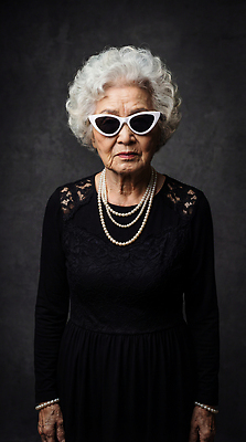 JPG 편집이미지 패션 노년 할머니 포즈 백그라운드 선글라스 머리 주름 고급 기간 멋쟁이 의료성형뷰티 스타일 자존감 편집실사 AI인물포토 AI콘텐츠 여자 안경 컨셉 성인 신체부위 CG 파일형식 AI포토