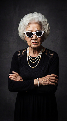 JPG 편집이미지 여자 패션 노년 할머니 포즈 백그라운드 장신구 표정 선글라스 팔짱 백발 집중 멋쟁이 의료성형뷰티 스타일 편집실사 AI인물포토 AI콘텐츠 헤어스타일 안경 컨셉 모션 사람 성인 CG 파일형식 AI포토