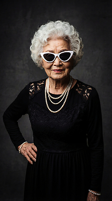 JPG 편집이미지 드레스 노년 할머니 포즈 백그라운드 목걸이 선글라스 검은색 백발 흰색 보석 멋쟁이 의료성형뷰티 스타일 차분 편집실사 AI인물포토 AI콘텐츠 헤어스타일 옷 여자 안경 컬러 컨셉 장신구 성인 광석 CG 파일형식 AI포토