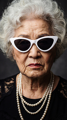 JPG 편집이미지 패션 노년 할머니 얼굴 중년 목걸이 표정 웃음 사람 선글라스 흰색 멋쟁이 의료성형뷰티 편집실사 AI인물포토 AI콘텐츠 여자 안경 컬러 장신구 성인 신체부위 CG 파일형식 AI포토