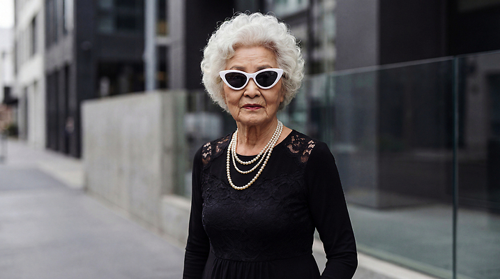 JPG 편집이미지 여자 패션 노년 길 할머니 목걸이 장신구 선글라스 유행 백발 도시 도심 멋 멋쟁이 의료성형뷰티 스타일 편집실사 AI인물포토 AI콘텐츠 헤어스타일 안경 사람 성인 CG 파일형식 AI포토