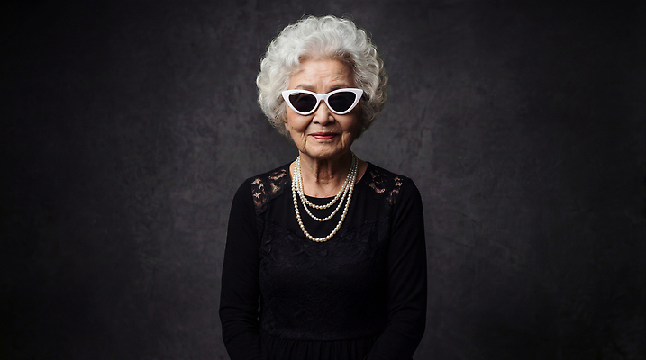 JPG 편집이미지 여자 패션 노년 할머니 포즈 목걸이 선글라스 백발 화려 고독 멋쟁이 의료성형뷰티 스타일 세련 편집실사 AI인물포토 AI콘텐츠 헤어스타일 감정 안경 컨셉 장신구 사람 성인 CG 파일형식 AI포토