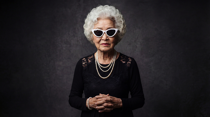 JPG 편집이미지 여자 패션 노년 할머니 포즈 백그라운드 조명 앞모습 선글라스 머리 귀여움 멋쟁이 주목 의료성형뷰티 스타일 편집실사 AI인물포토 AI콘텐츠 안경 뷰포인트 컨셉 사람 성인 신체부위 CG 파일형식 AI포토