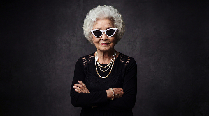 JPG 주간 편집이미지 패션 노년 할머니 포즈 백그라운드 장신구 선글라스 팔짱 촬영 백발 멋쟁이 의료성형뷰티 스타일 자존감 편집실사 AI인물포토 AI콘텐츠 자연요소 헤어스타일 여자 안경 모션 성인 CG 파일형식 AI포토