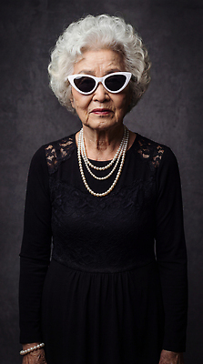 JPG 편집이미지 옷 패션 노년 할머니 백그라운드 실내 표정 사람 선글라스 검은색 백발 집중 멋쟁이 의료성형뷰티 스타일 차분 편집실사 AI인물포토 AI콘텐츠 헤어스타일 여자 안경 컬러 컨셉 성인 내부 CG 파일형식 AI포토