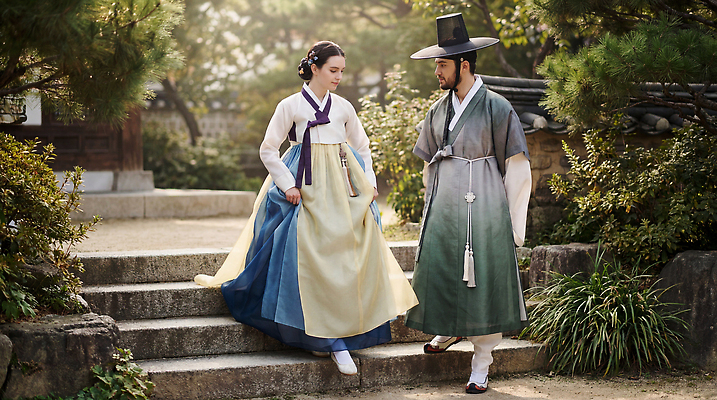 JPG 나무 편집이미지 전통 옷 여자 남자 문화 자연 한국 대화 풍경 정원 만남 체험 한복 돌계단 오후 의료성형뷰티 편집실사 AI인물포토 AI콘텐츠 식물 한국전통 아시아 컨셉 말하기 사람 계단 돌_바위 전통의상 CG 생태계 파일형식 AI포토