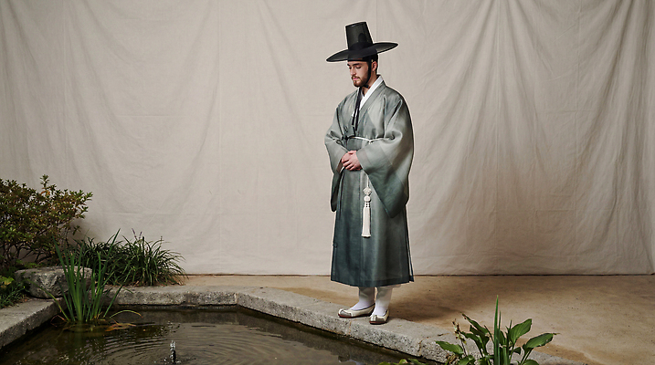 JPG 식물 편집이미지 전통 옷 남자 문화 한국 풍경 물 정원 연못 체험 한복 조용 의료성형뷰티 편집실사 AI인물포토 AI콘텐츠 자연요소 한국전통 아시아 컨셉 사람 전통의상 CG 파일형식 AI포토