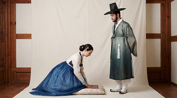 JPG 편집이미지 전통 옷 여자 남자 문화 한국 함께함 실내 촬영 예절 인사 체험 한복 무릎 의료성형뷰티 편집실사 AI인물포토 AI콘텐츠 한국전통 아시아 컨셉 사람 내부 신체부위 전통의상 CG 파일형식 AI포토